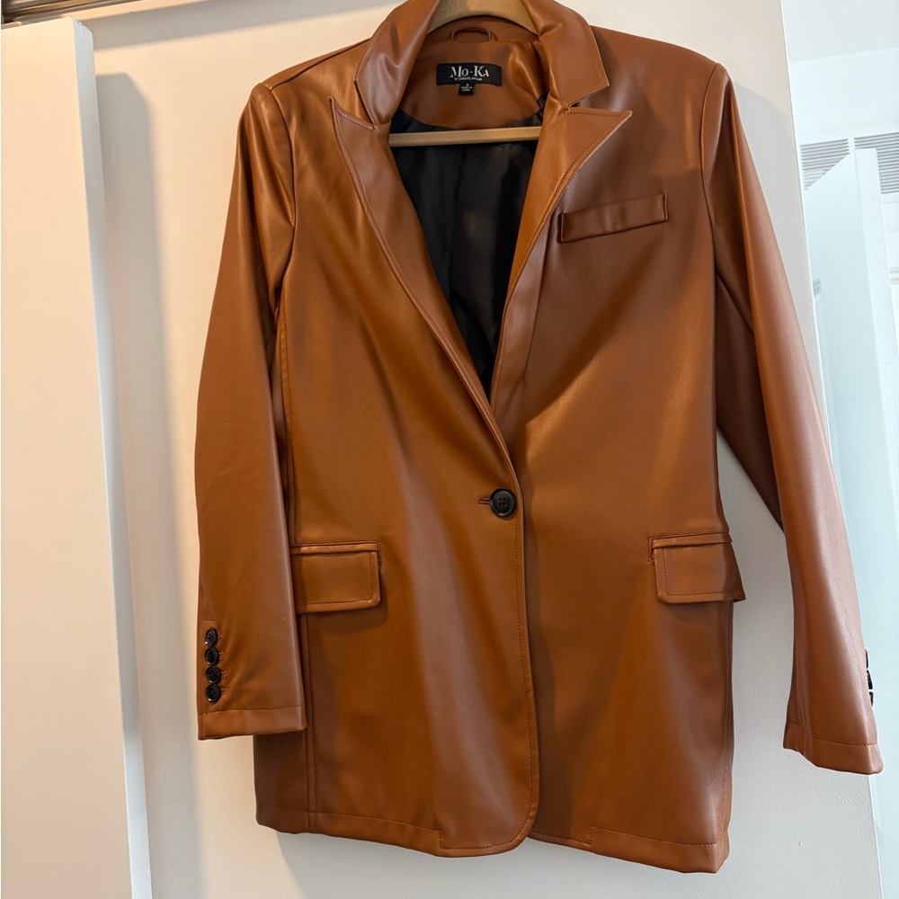 Women's Faux Leather Brown Blazer Coat